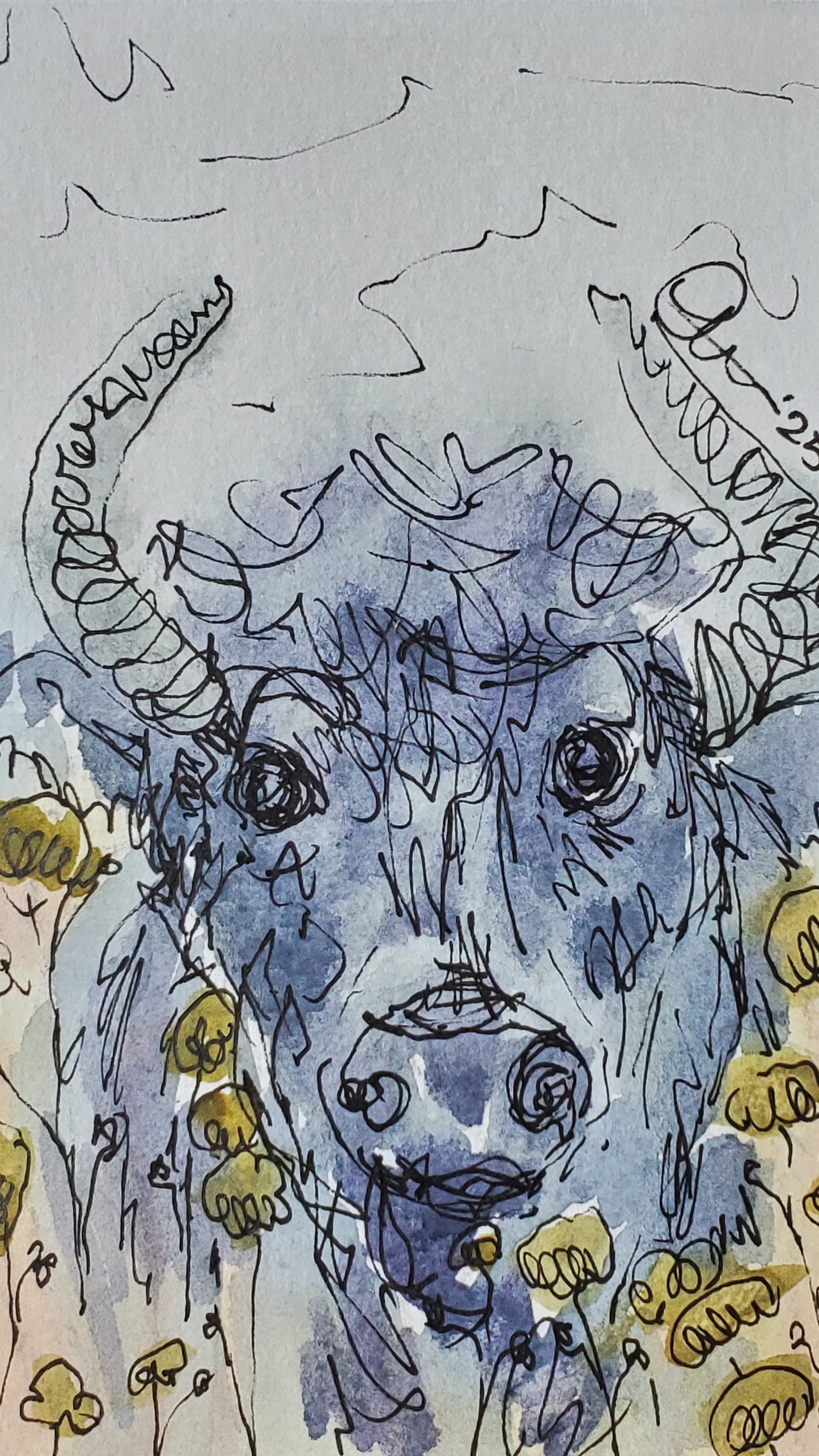 A Bull in Yellow Flowers - Original 4x6 Matted Ink & Watercolor Art