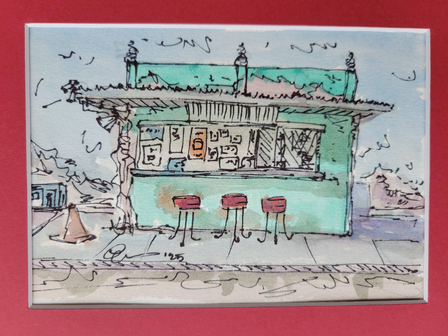 Sketchy Burger Joint - Sagefen Series Original Ink & Watercolor Art (5x7)