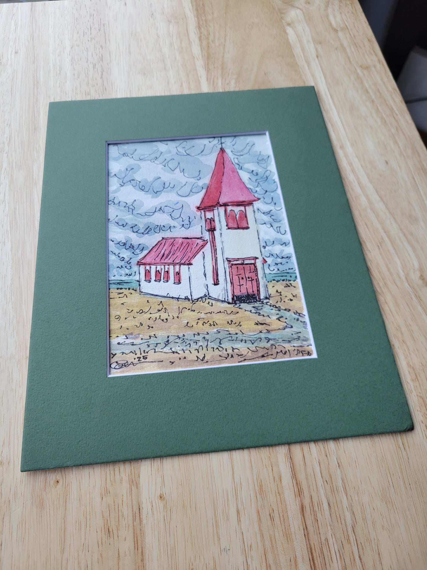 Red Church - Sagefen Series Ink & Watercolor Art (5x7)