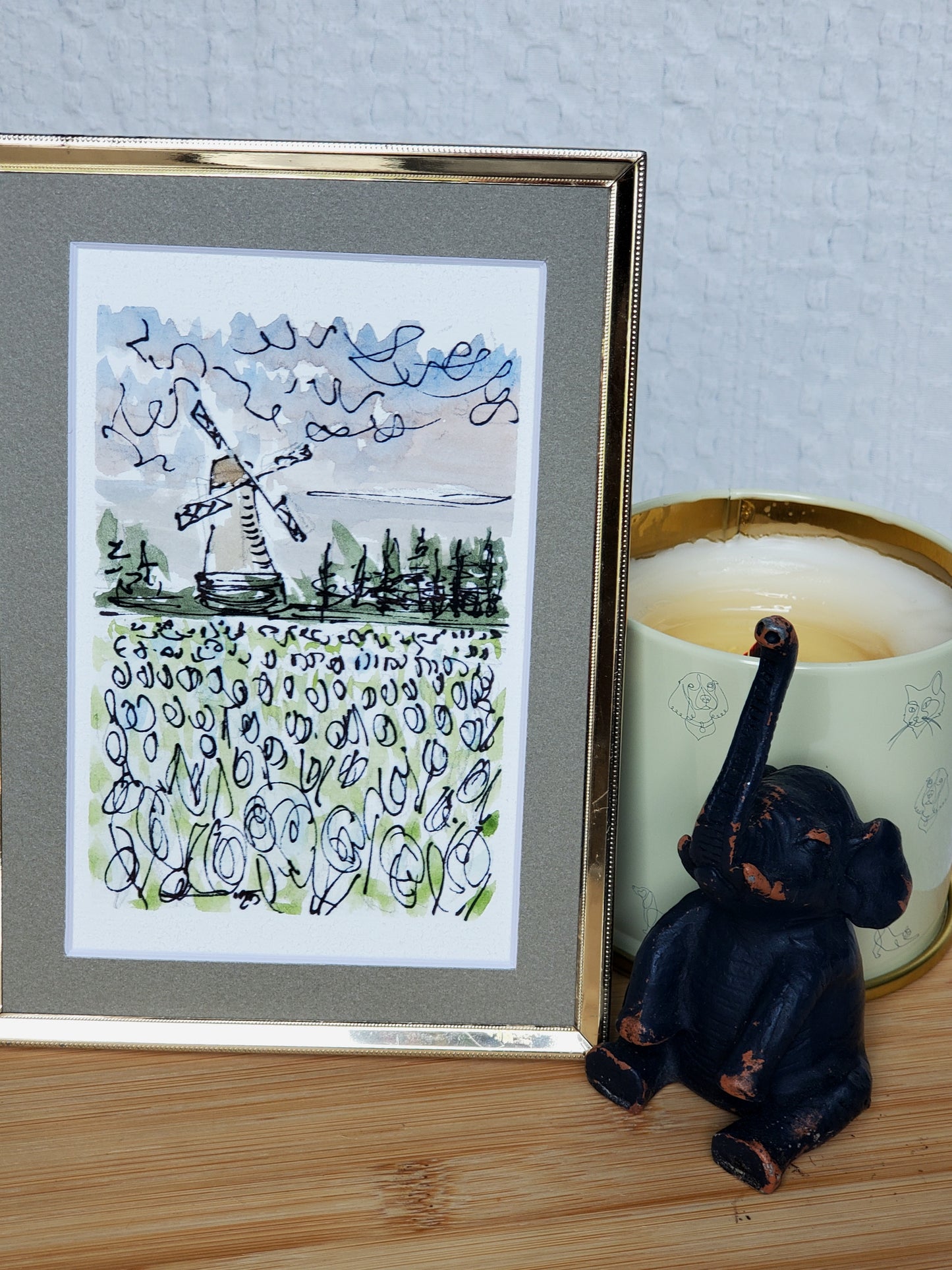 White Spring Tulip Windmill Original Ink & Watercolor Greeting Card