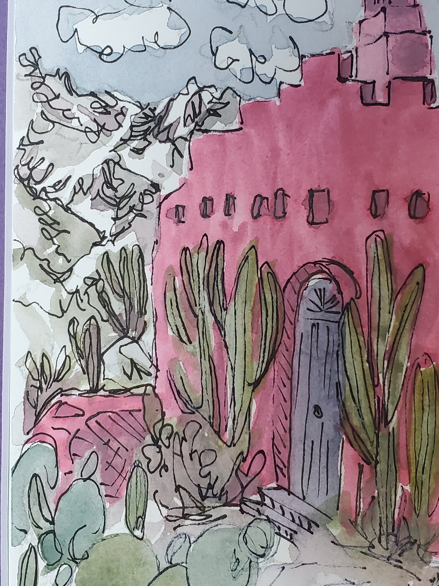 Pink Cactus House - Original 4x6 Matted Ink & Watercolor Art