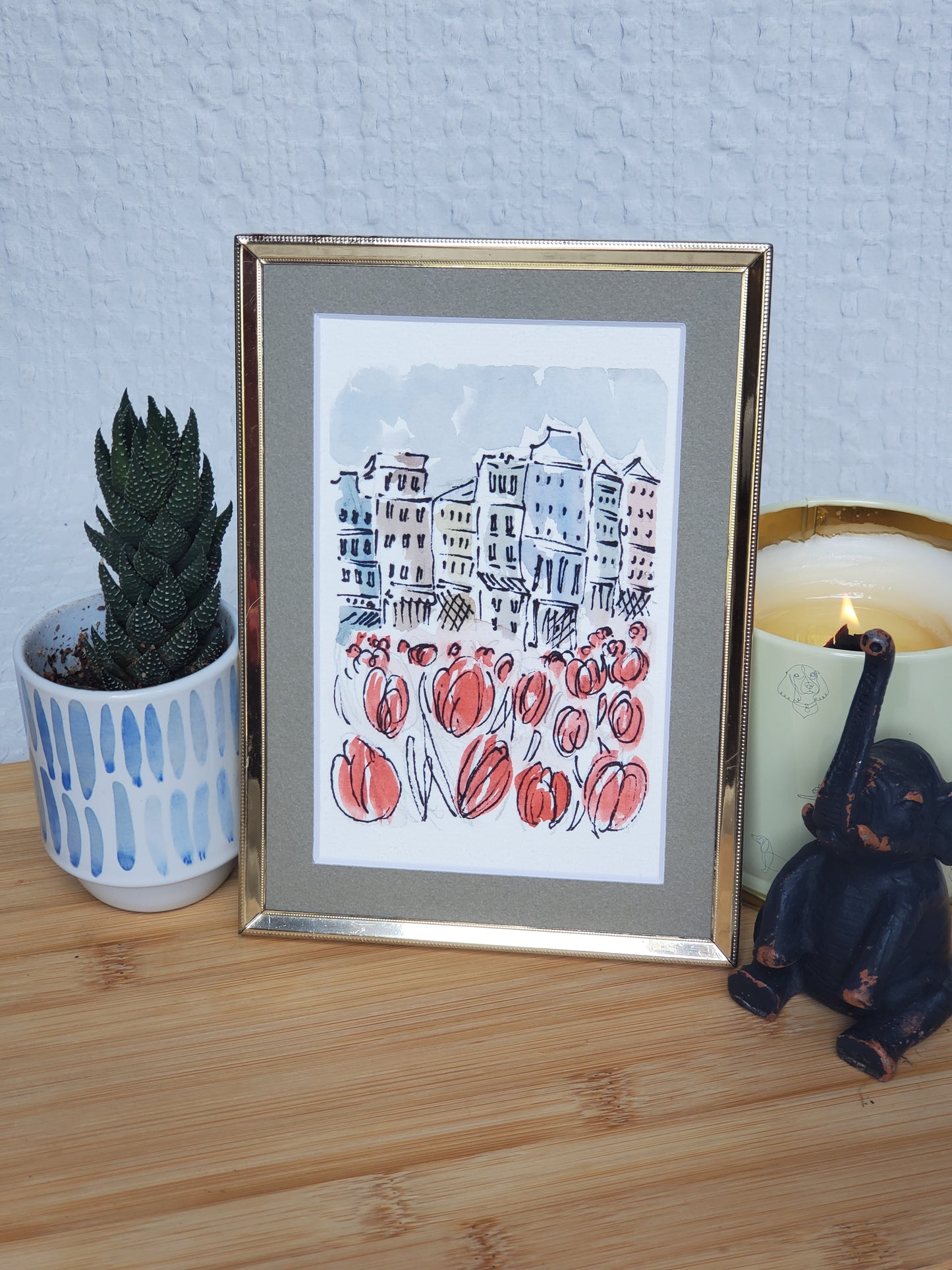 Red Spring Tulips in Amsterdam Greeting Card - Original Ink & Watercolor