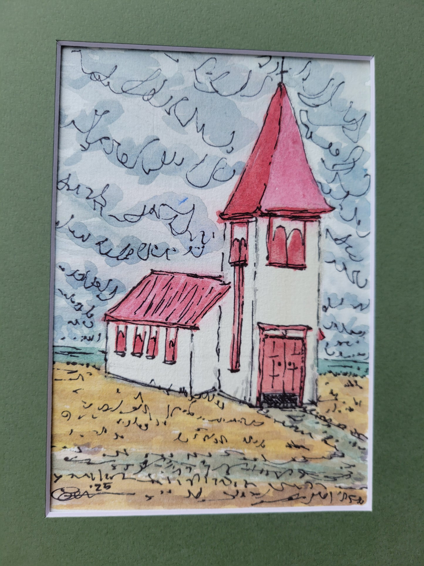 Red Church - Sagefen Series Ink & Watercolor Art (5x7)