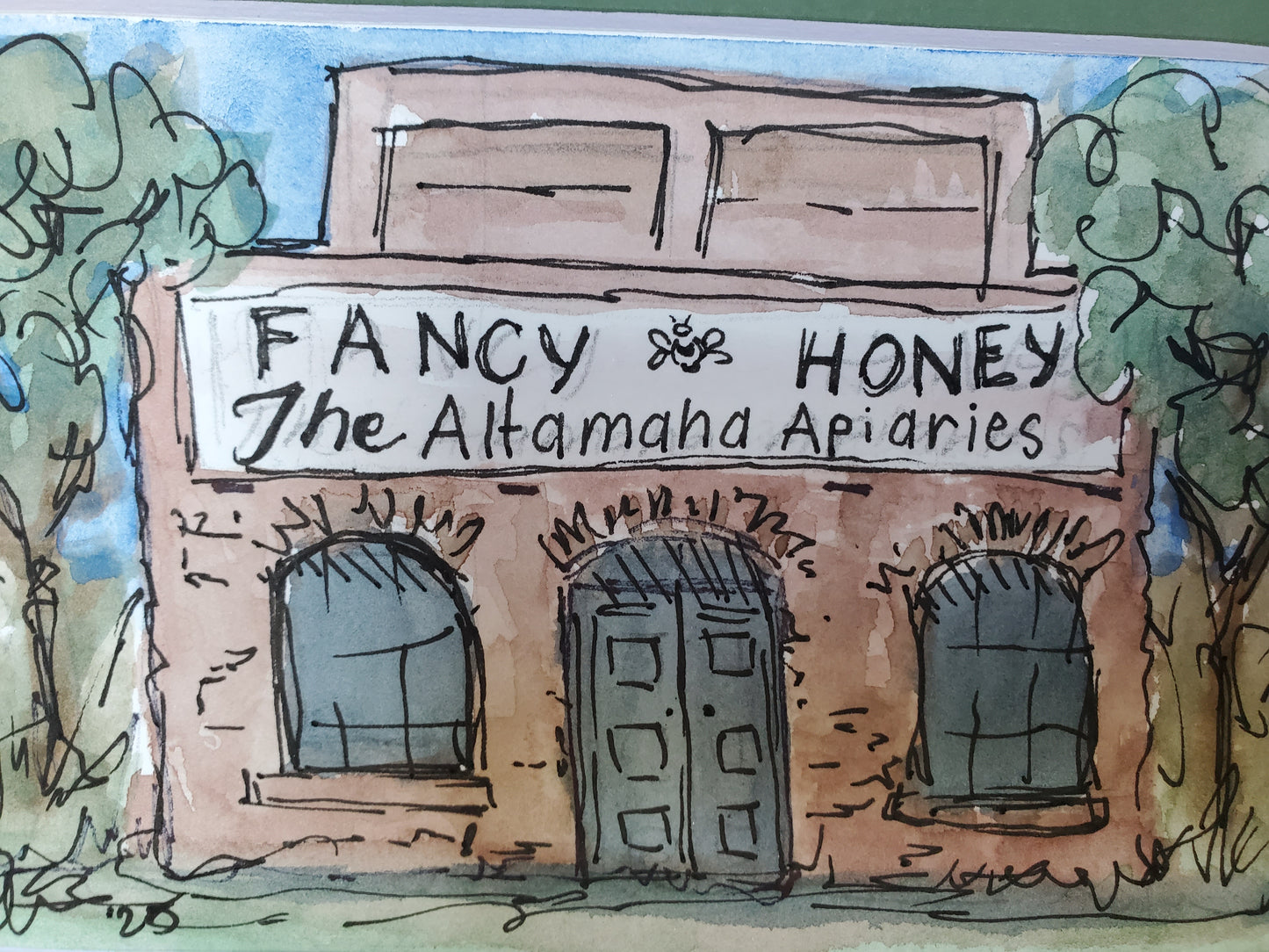 Fancy Honey Apiary Warehouse - Orignal 4x6 Matted Ink & Watercolor Art