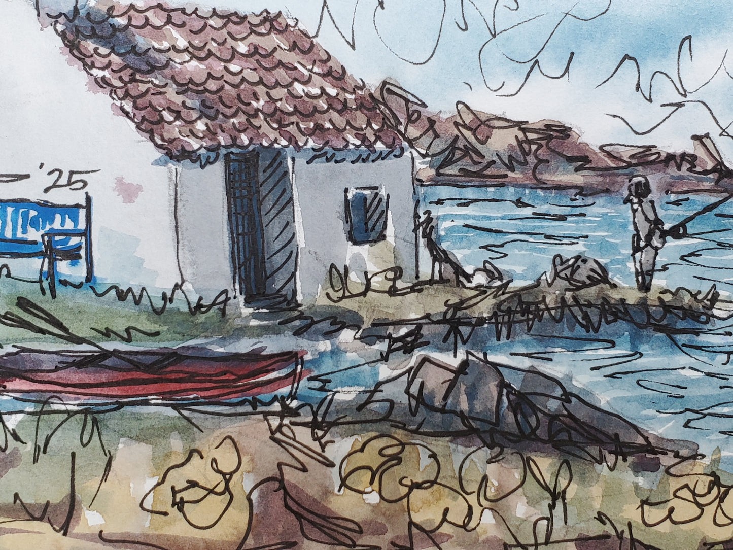 Fisherman's Harbor Home - Original 4x6 Ink & Watercolor Art