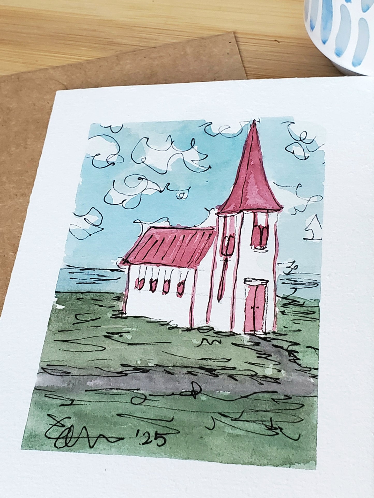 Red-Steepled Church Greeting Card - Original Ink & Watercolor