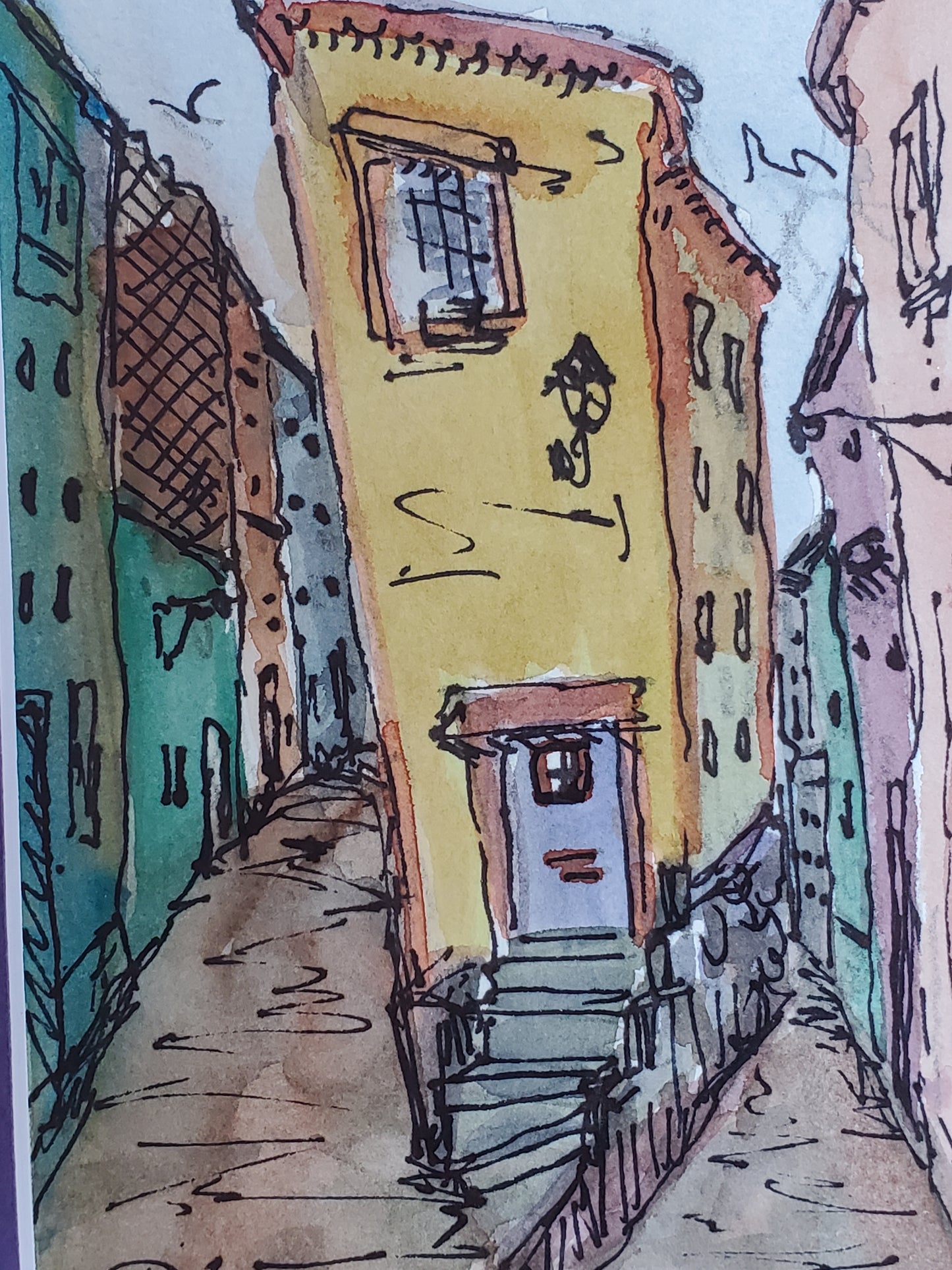 Split-Level Entry Urban Scene - Original Ink & Watercolor Art