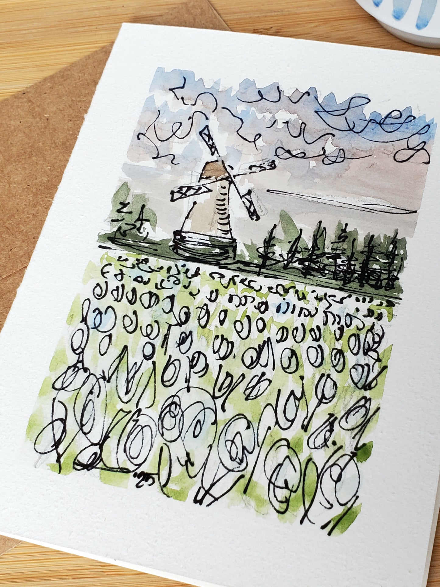 White Spring Tulip Windmill Original Ink & Watercolor Greeting Card