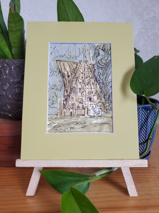 White Wizard & The White City - Original Ink & Watercolor Painting (5x7)