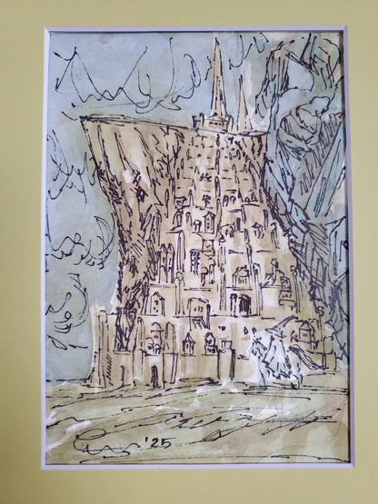 White Wizard & The White City - Original Ink & Watercolor Painting (5x7)