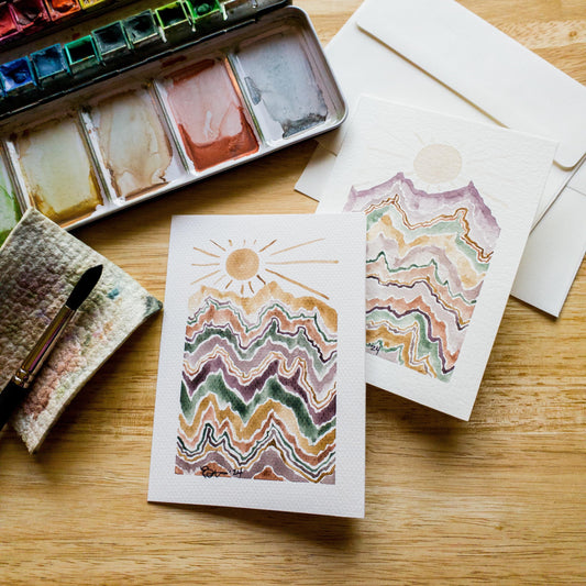 Hand painted Abstract Art Mountain Greeting Card Original Watercolor Painting 4x6 Blank Notecard Set of Two