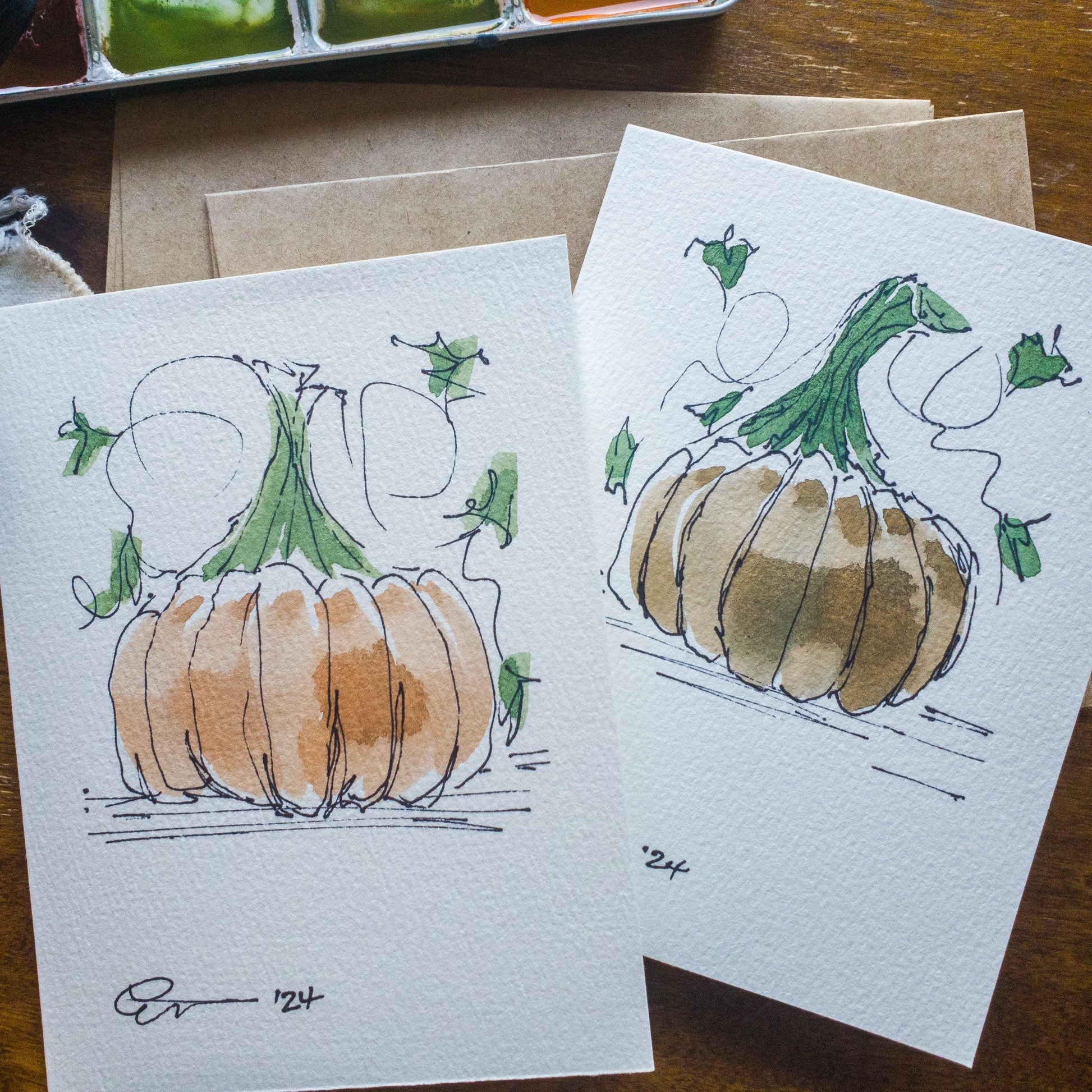Fall Pumpkin Greeting Card Original Ink & Watercolor Art Notecard Hand Painted 4 1/2" x 6" Blank Holiday Card - Set of Two
