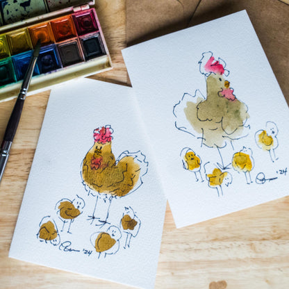 Hens and Chicks Greeting Card Original Ink & Watercolor Art Notecard Hand Painted 4 1/2" x 6" Blank Chicken Lovers Card - Set of Two