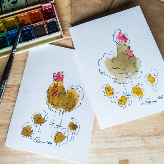 Hens and Chicks Greeting Card Original Ink & Watercolor Art Notecard Hand Painted 4 1/2" x 6" Blank Chicken Lovers Card - Set of Two