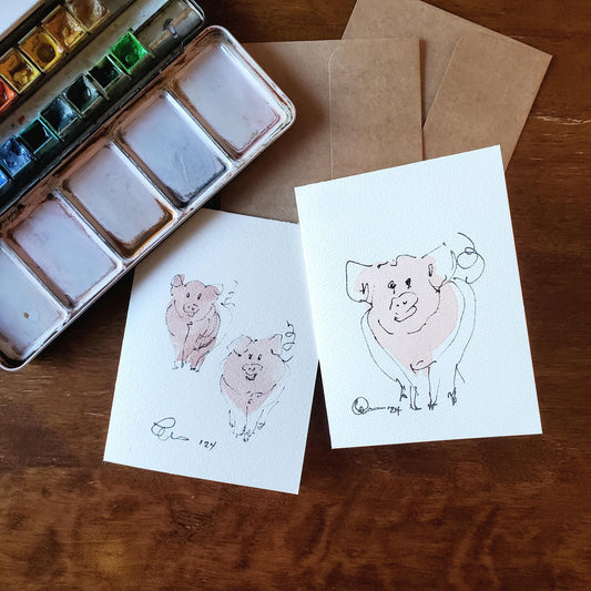 Piggy Greeting Card Original Ink & Watercolor Art Notecard Hand Painted 4 1/2" x 6" Blank Pig Lovers Card - Set of Two