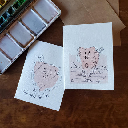 Piggy Greeting Card Original Ink & Watercolor Art Notecard Hand Painted 4 1/2" x 6" Blank Pig Lovers Card - Set of Two