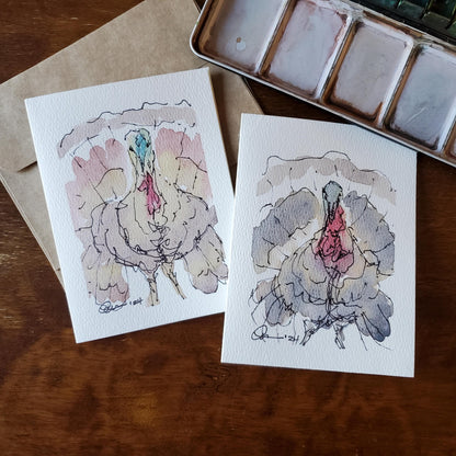 Fall Turkey Greeting Card Original Ink & Watercolor Art Thanksgiving Notecard Hand Painted 4 1/2" x 6" Blank Holiday Card - Set of Two