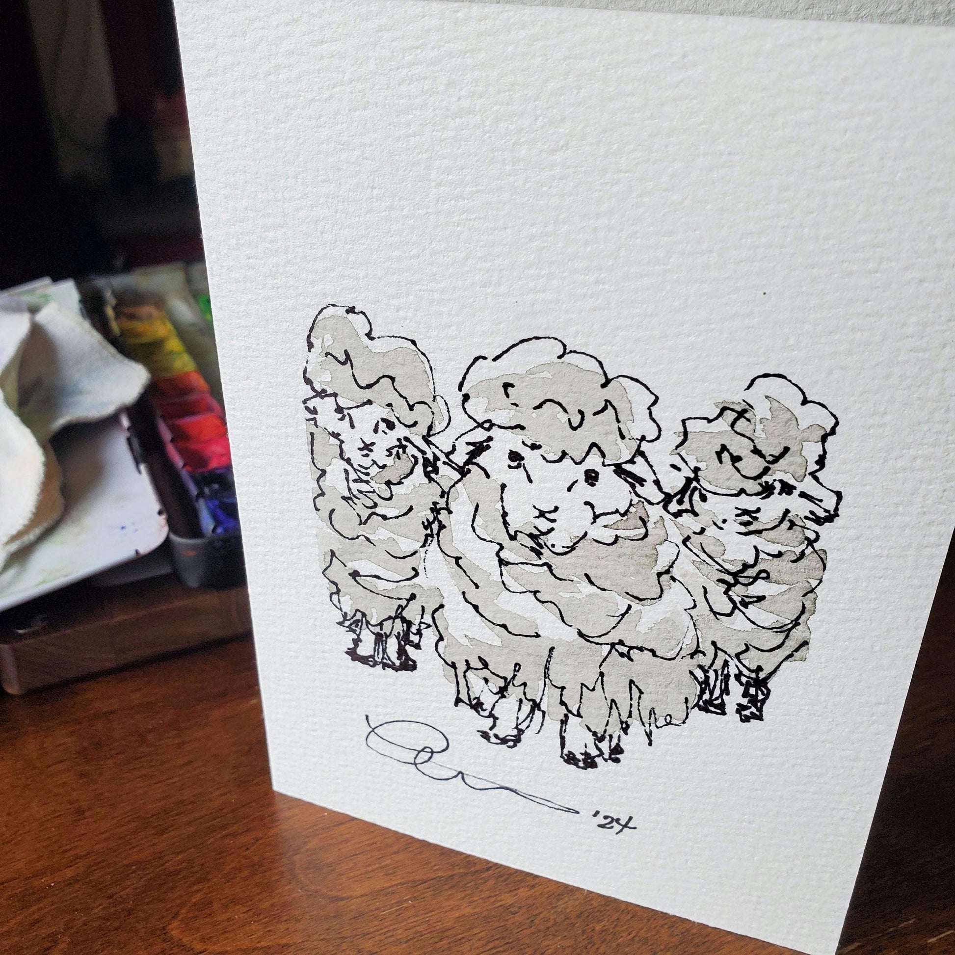 Flock of Sheep Greeting Card Original Landscape Art ScruffyLamb Ink & Watercolor Sketch Notecard Hand Painted 4 1/2" x 6" Blank - Set of Two