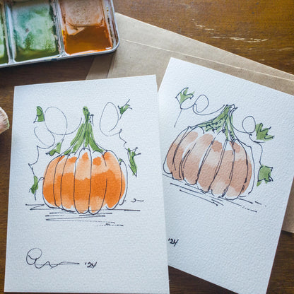 Fall Pumpkin Greeting Card Original Ink & Watercolor Art Notecard Hand Painted 4 1/2" x 6" Blank Holiday Card - Set of Two