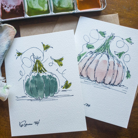 Fall Pumpkin Greeting Card Original Ink & Watercolor Art Notecard Hand Painted 4 1/2" x 6" Blank Holiday Card - Set of Two