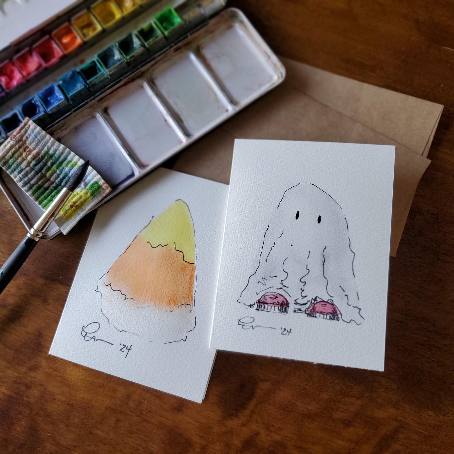 Halloween Greeting Card Original Ink & Watercolor Art Notecard Hand Painted 4 1/2" x 6" Blank Trick or Treat and Candy Corn - Set of Two