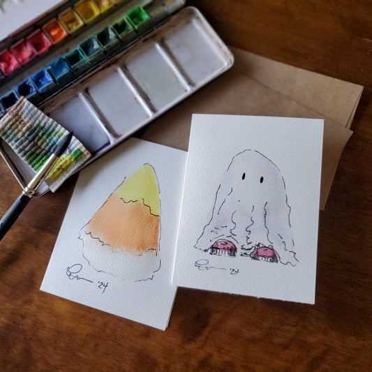 Halloween Greeting Card Original Ink & Watercolor Art Notecard Hand Painted 4 1/2" x 6" Blank Trick or Treat and Candy Corn - Set of Two