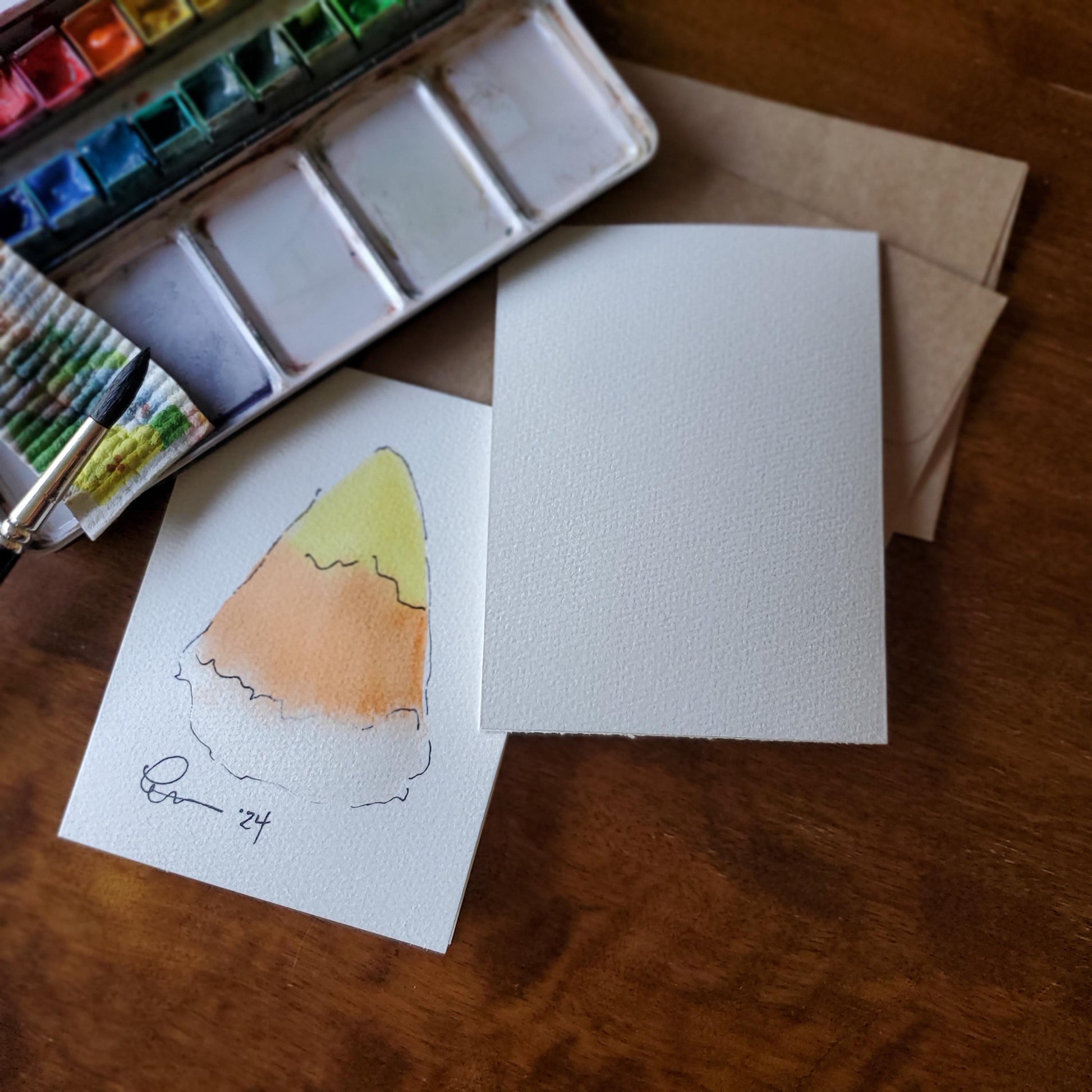 Halloween Greeting Card Original Ink & Watercolor Art Notecard Hand Painted 4 1/2" x 6" Blank Trick or Treat and Candy Corn - Set of Two