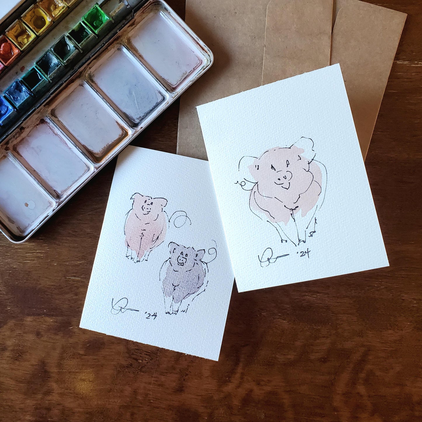 Piggy Greeting Card Original Ink & Watercolor Art Notecard Hand Painted 4 1/2" x 6" Blank Pig Lovers Card - Set of Two