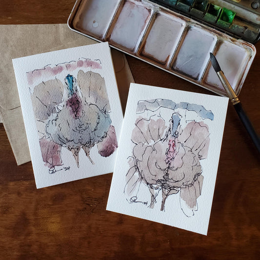 Fall Turkey Greeting Card Original Ink & Watercolor Art Thanksgiving Notecard Hand Painted 4 1/2" x 6" Blank Holiday Card - Set of Two
