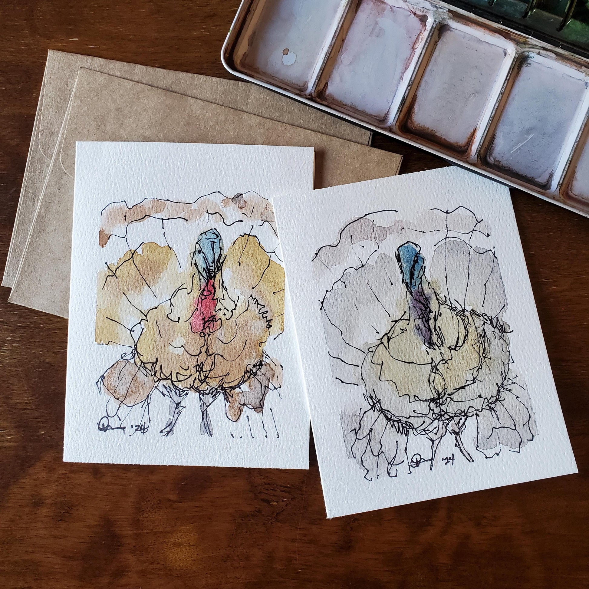 Fall Turkey Greeting Card Original Ink & Watercolor Art Thanksgiving Notecard Hand Painted 4 1/2" x 6" Blank Holiday Card - Set of Two