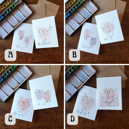Piggy Greeting Card Original Ink & Watercolor Art Notecard Hand Painted 4 1/2" x 6" Blank Pig Lovers Card - Set of Two