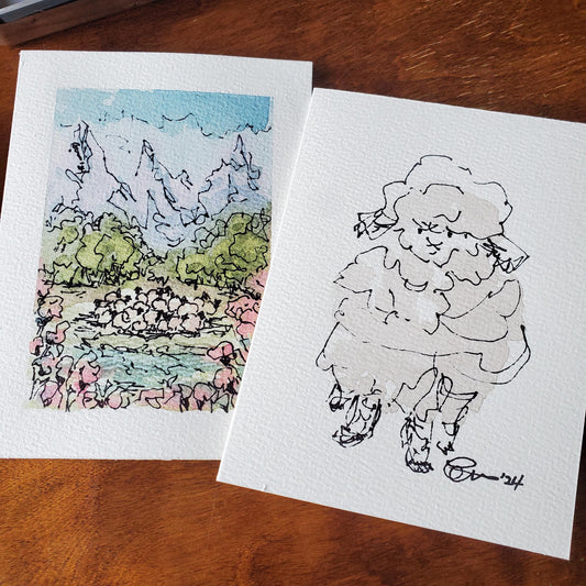 Flock of Sheep Greeting Card Original Landscape Art ScruffyLamb Ink & Watercolor Sketch Notecard Hand Painted 4 1/2" x 6" Blank - Set of Two