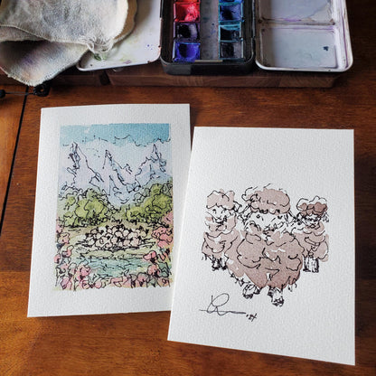 Flock of Sheep Greeting Card Original Landscape Art ScruffyLamb Ink & Watercolor Sketch Notecard Hand Painted 4 1/2" x 6" Blank - Set of Two