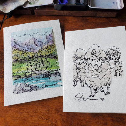 Flock of Sheep Greeting Card Original Landscape Art ScruffyLamb Ink & Watercolor Sketch Notecard Hand Painted 4 1/2" x 6" Blank - Set of Two