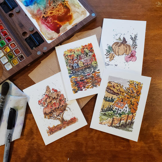 Autumn Vibes Greeting Card Original Ink & Watercolor Art Notecard Hand Painted 4 1/2 x 6 Blank Fall Forest Theme Cottage Pumpkin - Set of 4