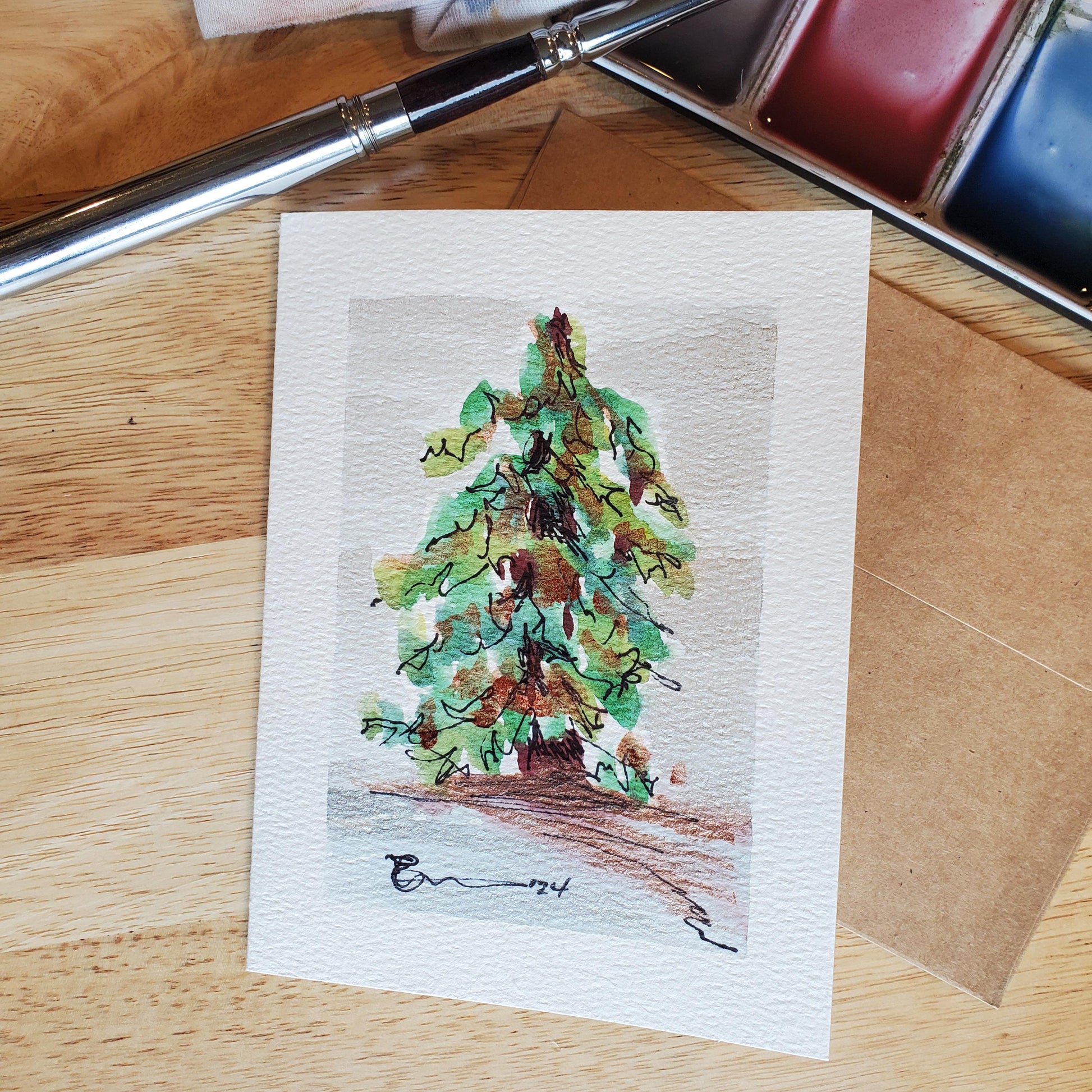 Festive Christmas Tree Greeting Card Original Ink & Watercolor Art Winter Snow Season Notecard Hand Painted 4 1/2" x 6" Blank Holiday Cards