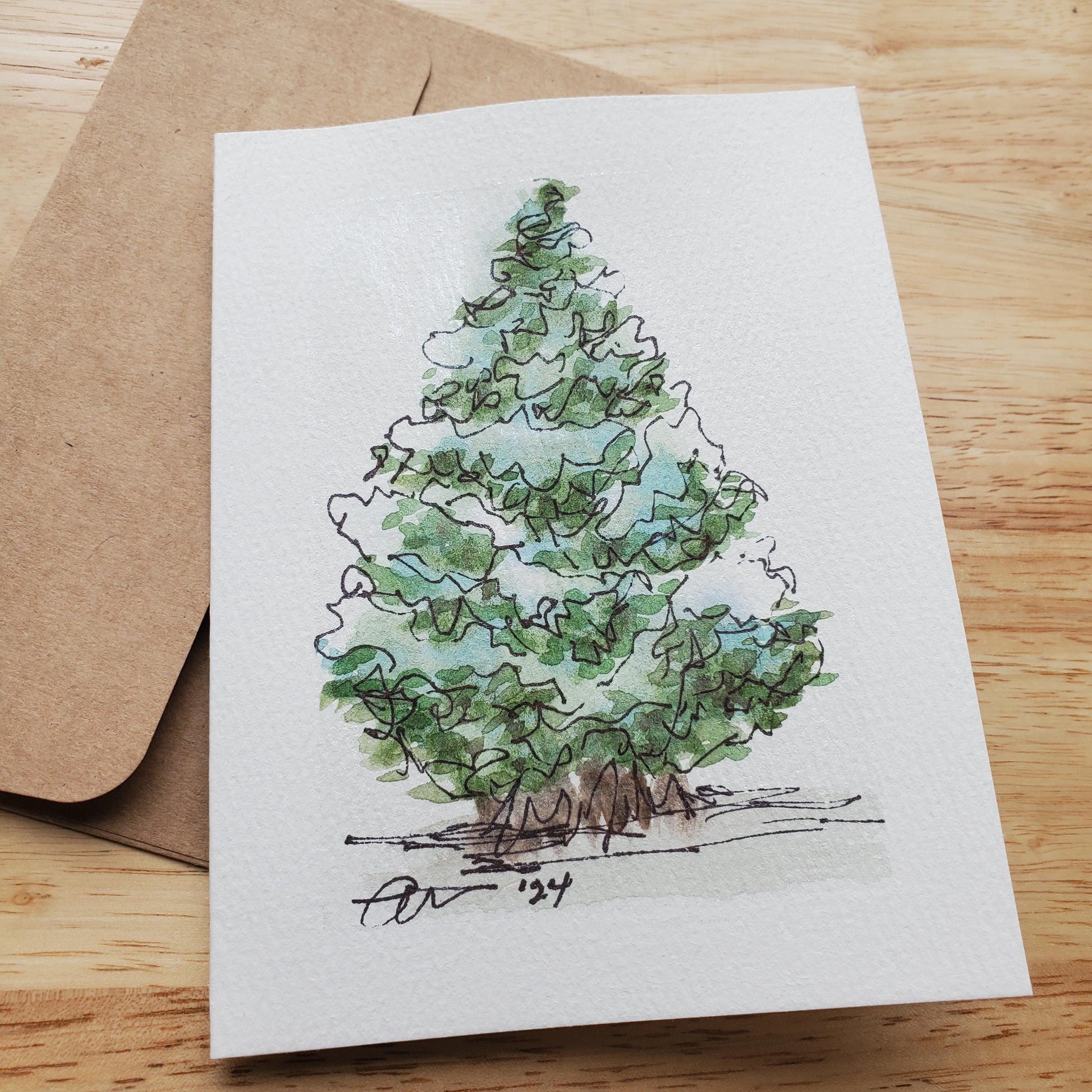 Festive Christmas Tree Greeting Card Original Ink & Watercolor Art Winter Snow Season Notecard Hand Painted 4 1/2" x 6" Blank Holiday Cards