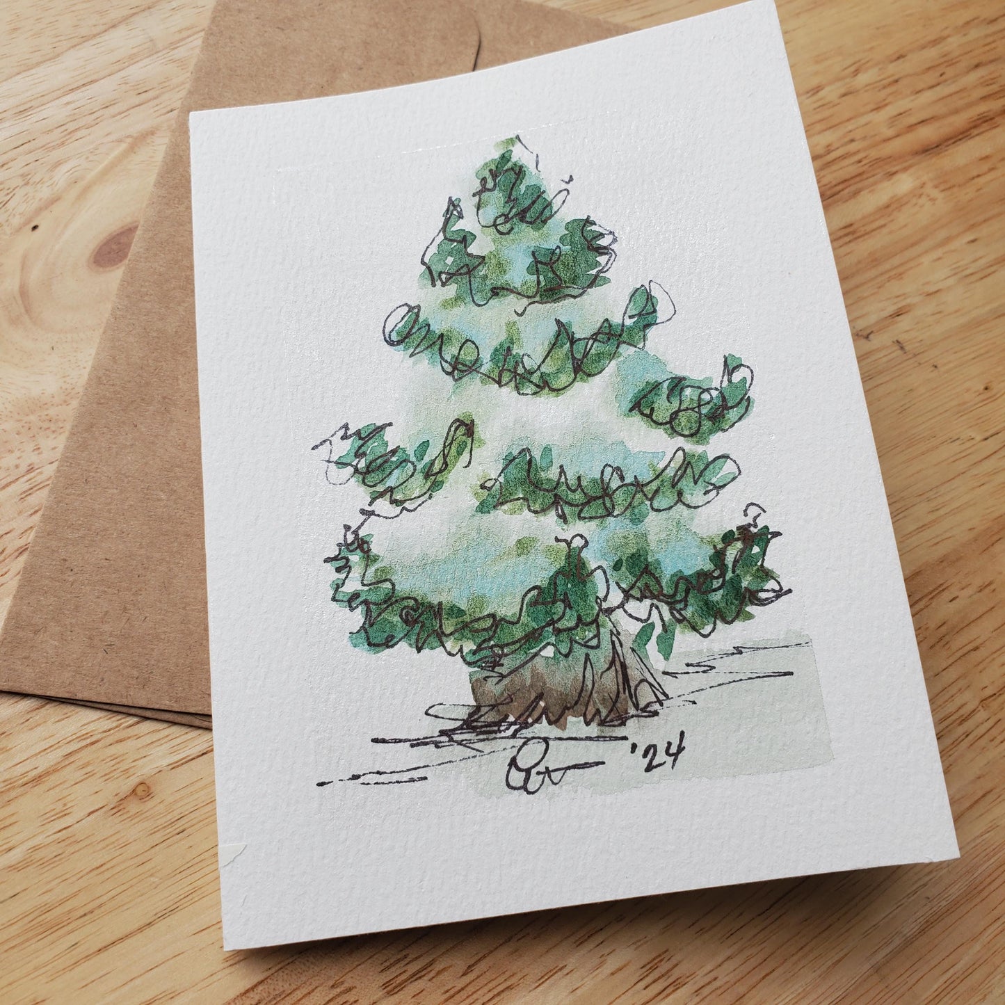 Festive Christmas Tree Greeting Card Original Ink & Watercolor Art Winter Snow Season Notecard Hand Painted 4 1/2" x 6" Blank Holiday Cards