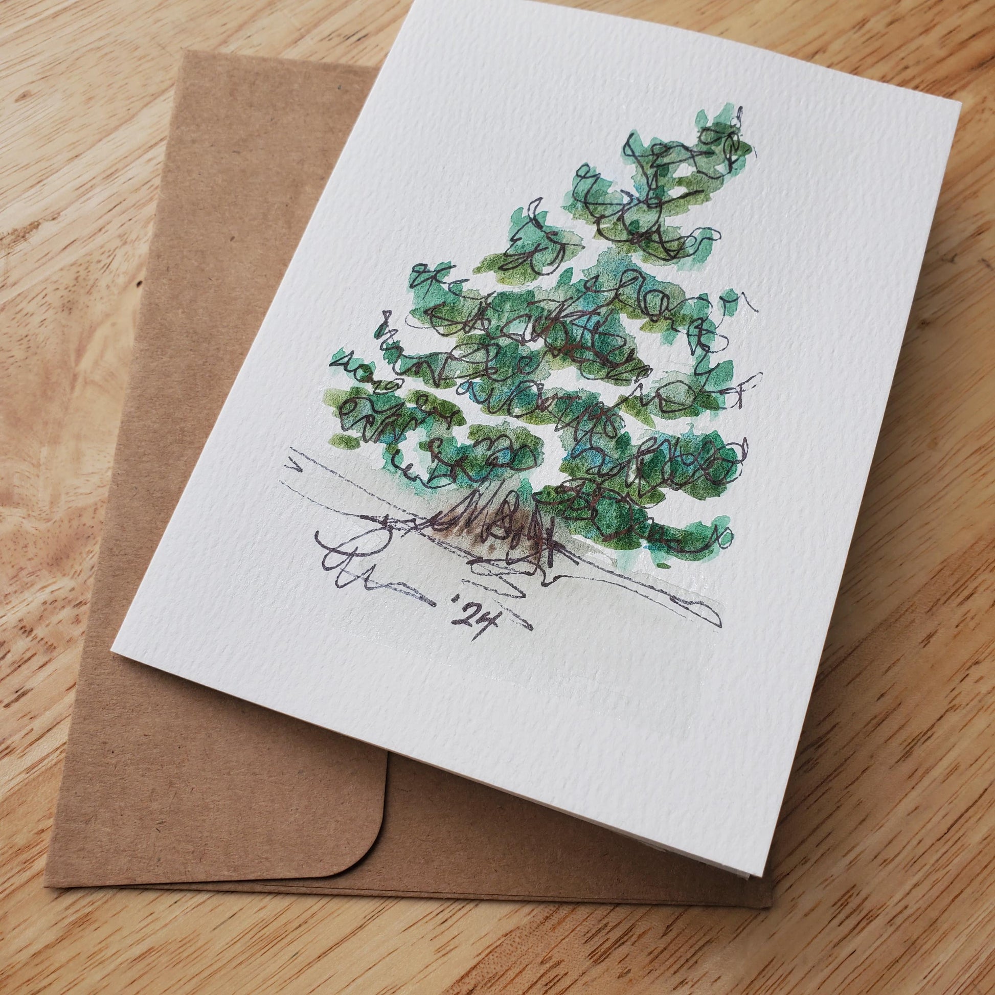 Festive Christmas Tree Greeting Card Original Ink & Watercolor Art Winter Snow Season Notecard Hand Painted 4 1/2" x 6" Blank Holiday Cards