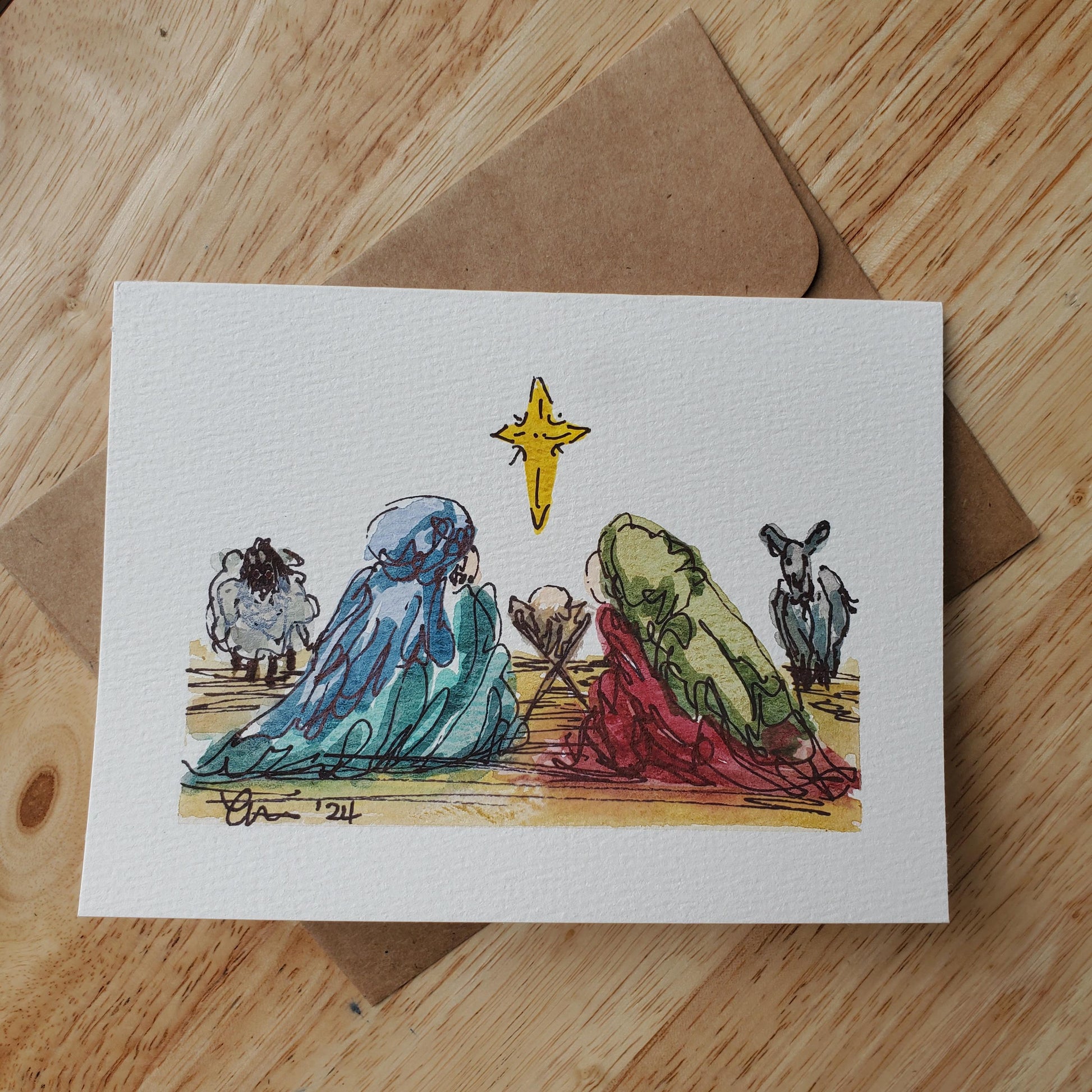 Christmas Manger Nativity Greeting Card Original Ink & Watercolor Joseph Mary Jesus Notecard Hand Painted 4 1/2" x 6" Blank Holiday Card