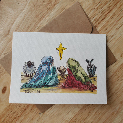 Christmas Manger Nativity Greeting Card Original Ink & Watercolor Joseph Mary Jesus Notecard Hand Painted 4 1/2" x 6" Blank Holiday Card