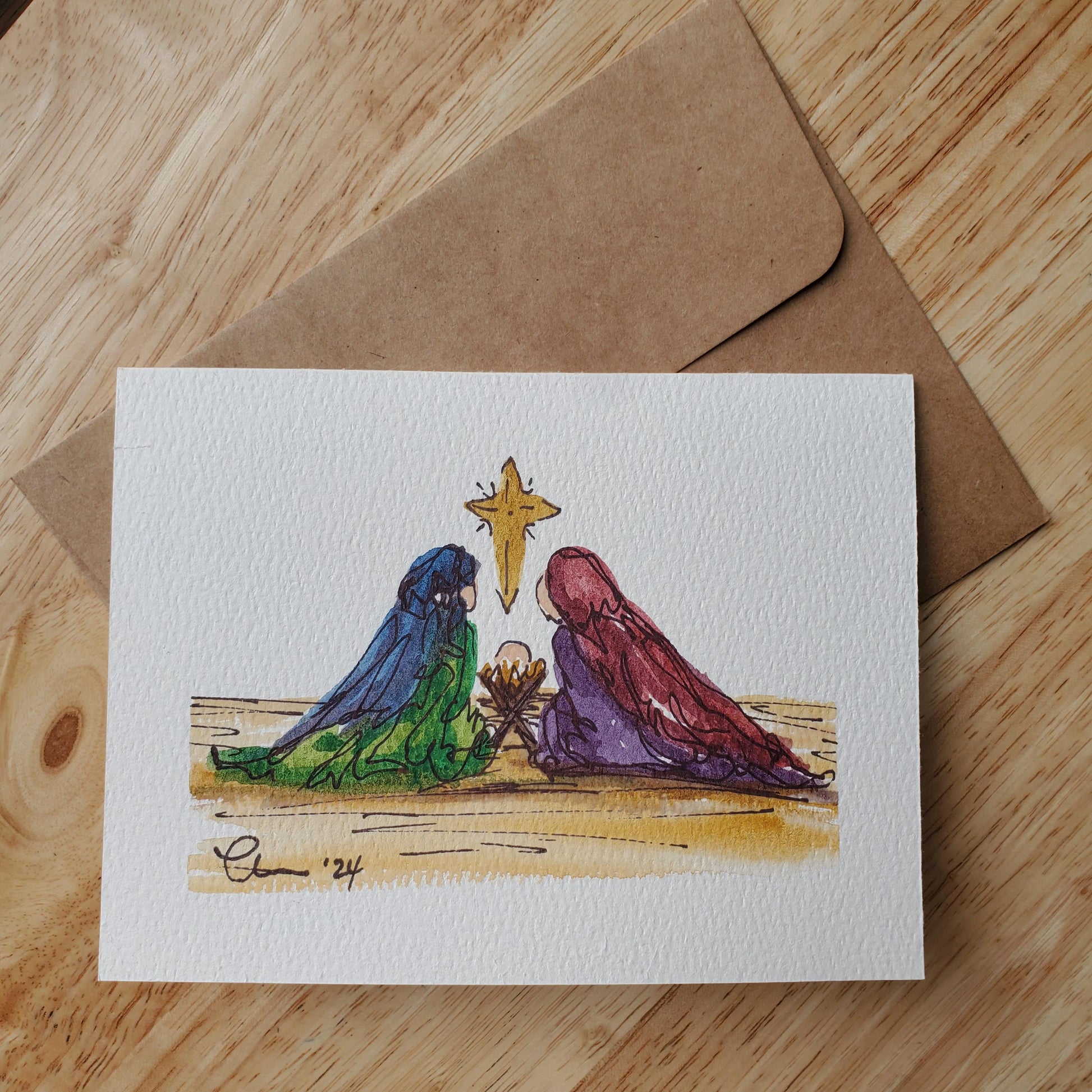 Christmas Manger Nativity Greeting Card Original Ink & Watercolor Joseph Mary Jesus Notecard Hand Painted 4 1/2" x 6" Blank Holiday Card