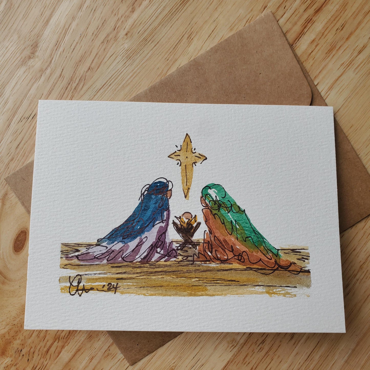 Christmas Manger Nativity Greeting Card Original Ink & Watercolor Joseph Mary Jesus Notecard Hand Painted 4 1/2" x 6" Blank Holiday Card