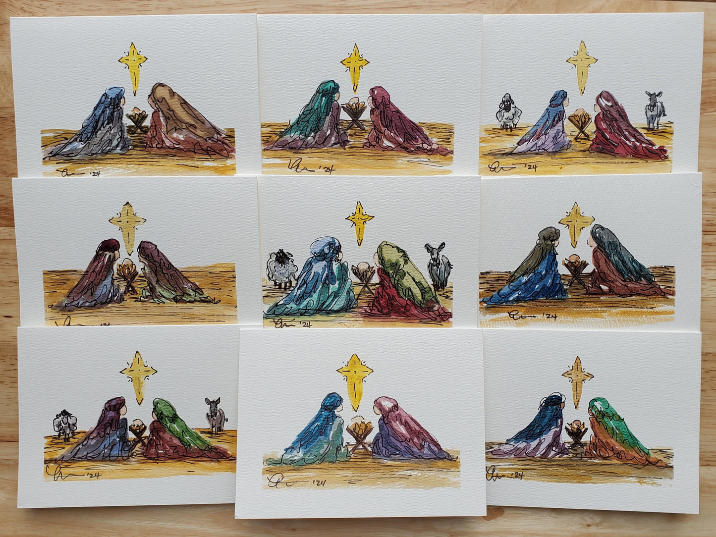 Christmas Manger Nativity Greeting Card Original Ink & Watercolor Joseph Mary Jesus Notecard Hand Painted 4 1/2" x 6" Blank Holiday Card