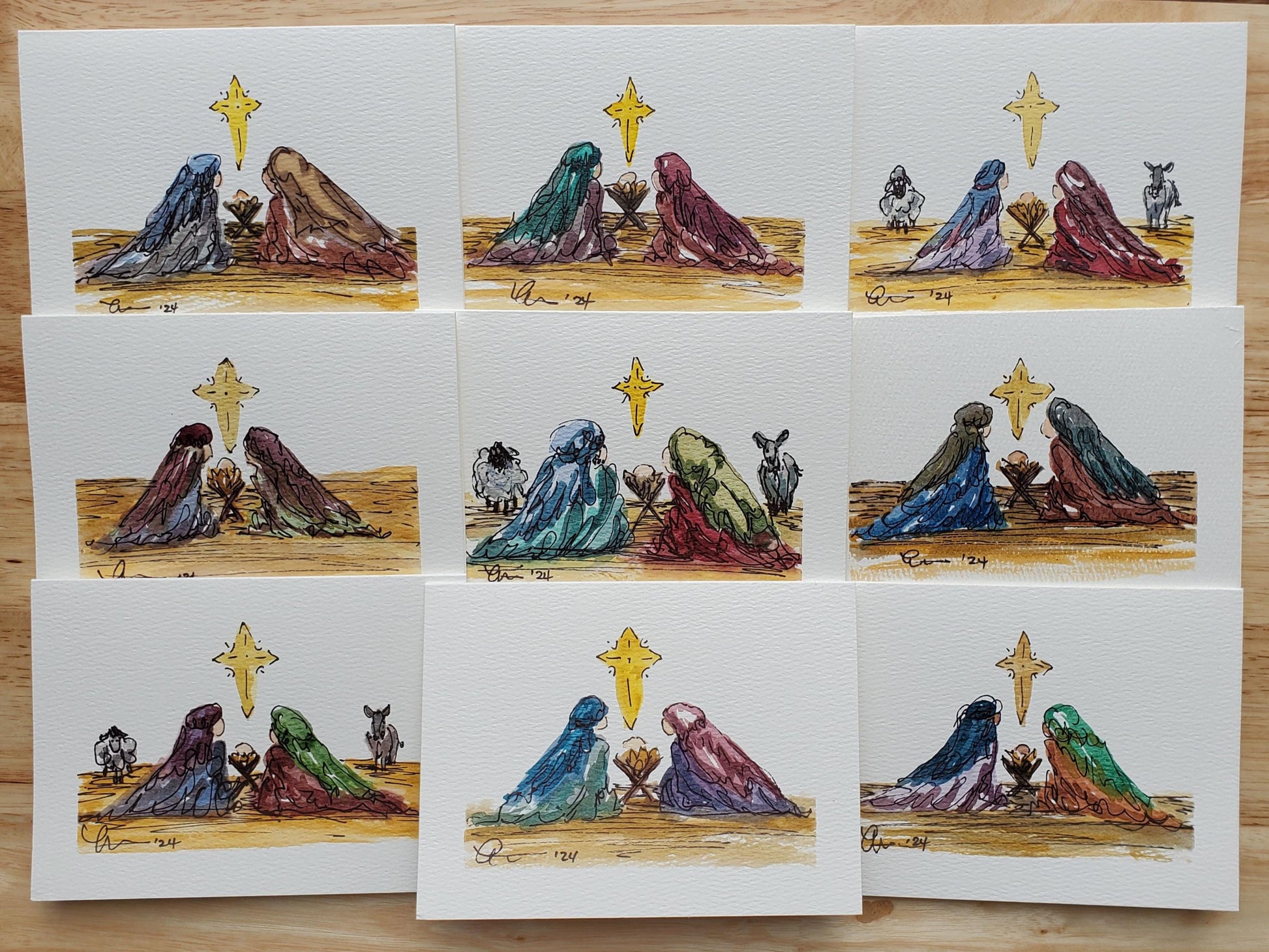 Christmas Manger Nativity Greeting Card Original Ink & Watercolor Joseph Mary Jesus Notecard Hand Painted 4 1/2" x 6" Blank Holiday Card