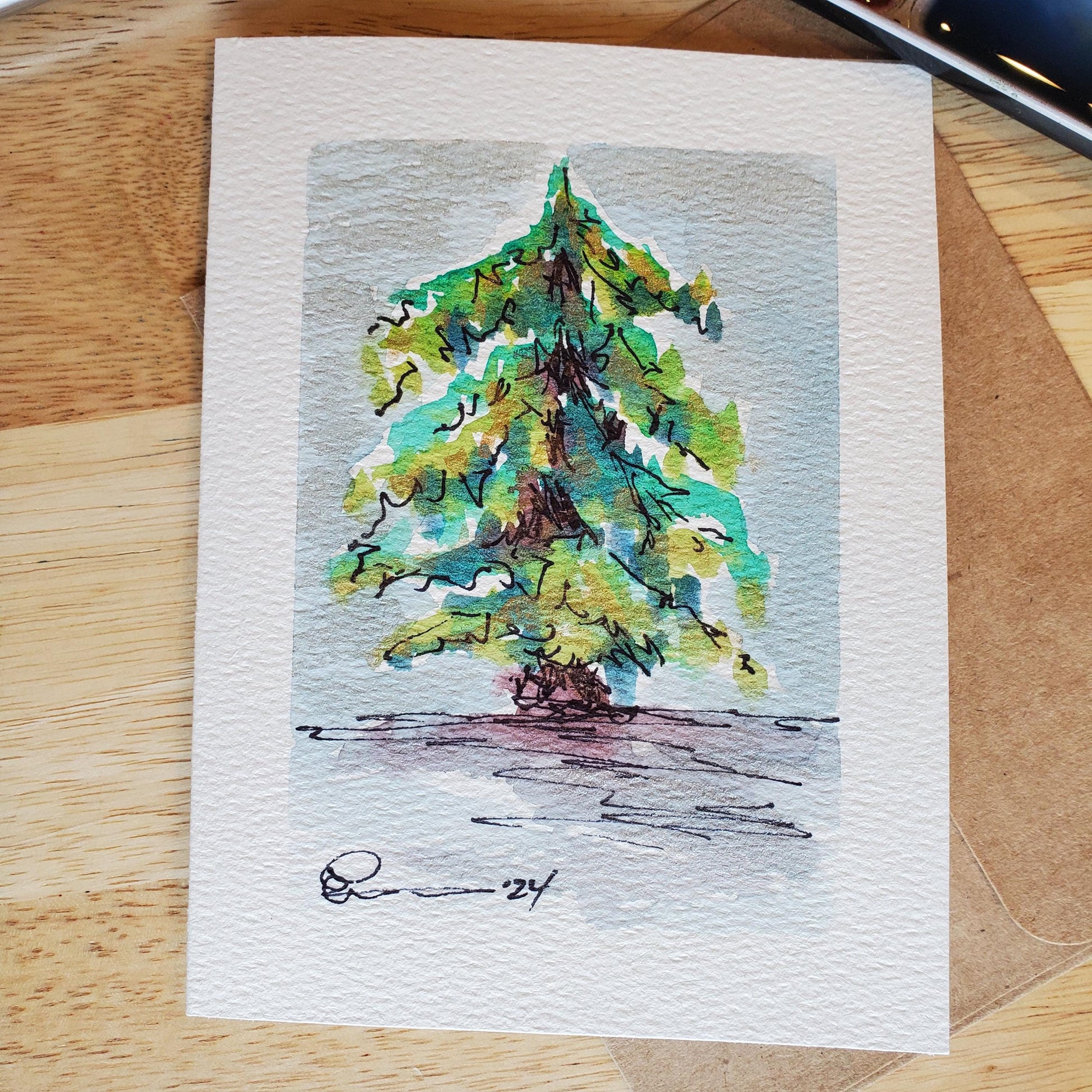 Festive Christmas Tree Greeting Card Original Ink & Watercolor Art Winter Snow Season Notecard Hand Painted 4 1/2" x 6" Blank Holiday Cards