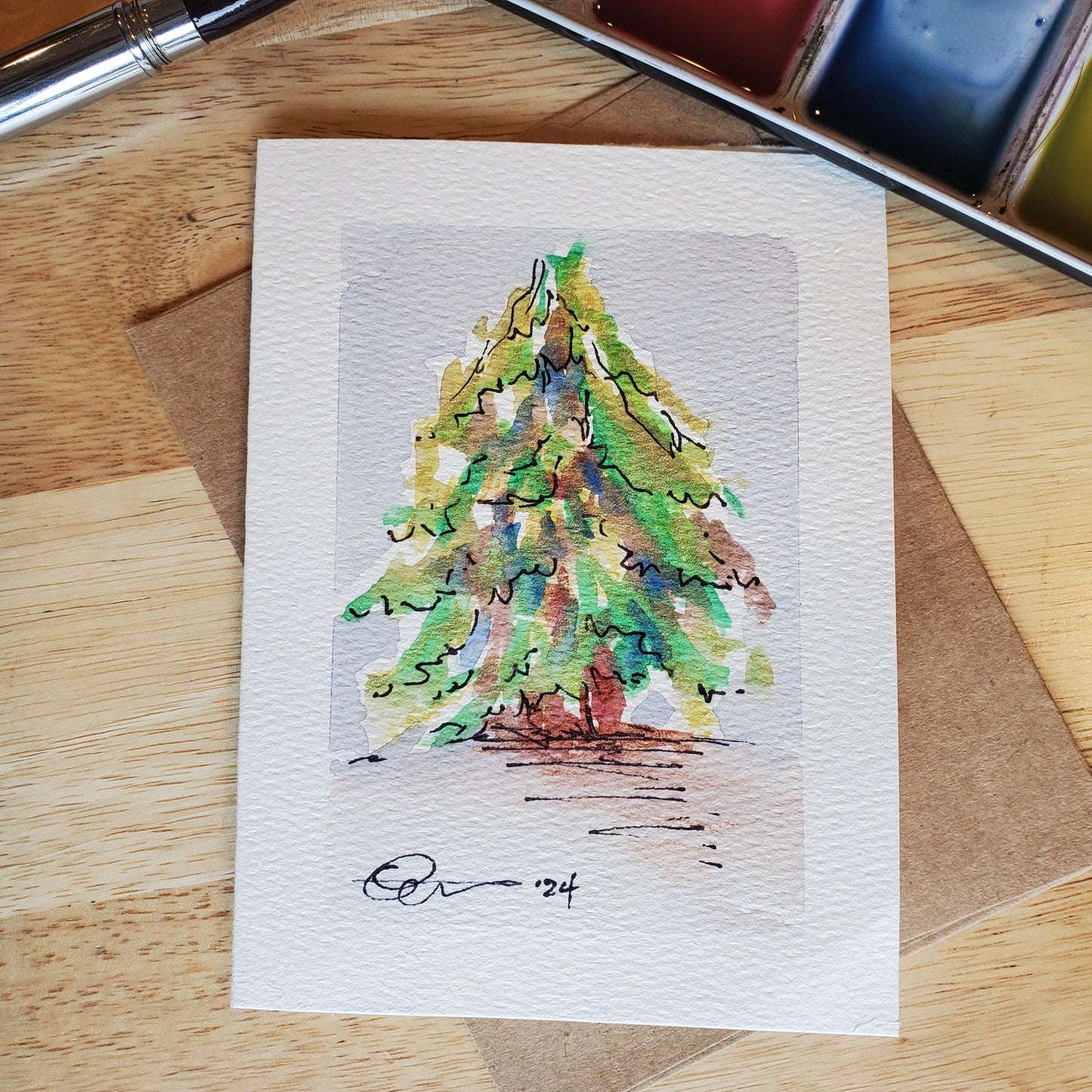 Festive Christmas Tree Greeting Card Original Ink & Watercolor Art Winter Snow Season Notecard Hand Painted 4 1/2" x 6" Blank Holiday Cards