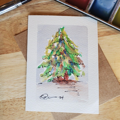 Festive Christmas Tree Greeting Card Original Ink & Watercolor Art Winter Snow Season Notecard Hand Painted 4 1/2" x 6" Blank Holiday Cards