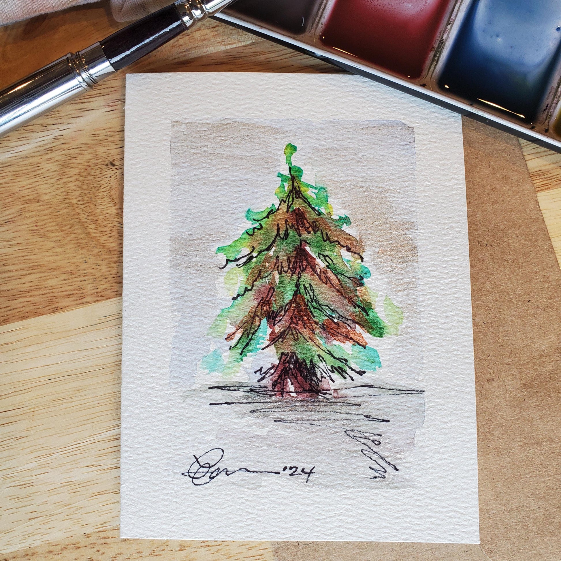 Festive Christmas Tree Greeting Card Original Ink & Watercolor Art Winter Snow Season Notecard Hand Painted 4 1/2" x 6" Blank Holiday Cards
