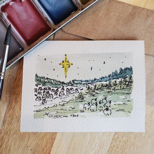 Christmas Town Greeting Card Original Ink & Watercolor Art Bethlehem Sheep Nativity Notecard Hand Painted 4 1/2" x 6" Blank Holiday Cards